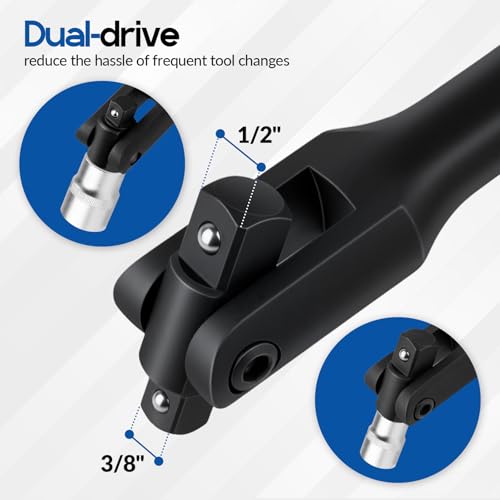 16-Inch Dual Drive Breaker Bar, 3/8" and 1/2" Drive, 360° Rotatable Head with Spring-Loaded Detent Ball