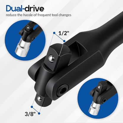 16-Inch Dual Drive Breaker Bar, 3/8" and 1/2" Drive, 360° Rotatable Head with Spring-Loaded Detent Ball