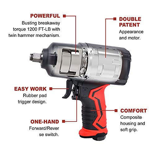 AEROPRO TOOLS 1/2-Inch Composite Air Impact Wrench(A301), Twin Hammer, 1200FT-LBS Max Loosening Torque, 7000RPM, Heavy Duty Pneumatic Impact Gun, for Auto Repair, Tire Shop