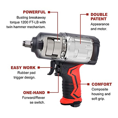 AEROPRO TOOLS 1/2-Inch Composite Air Impact Wrench(A301), Twin Hammer, 1200FT-LBS Max Loosening Torque, 7000RPM, Heavy Duty Pneumatic Impact Gun, for Auto Repair, Tire Shop