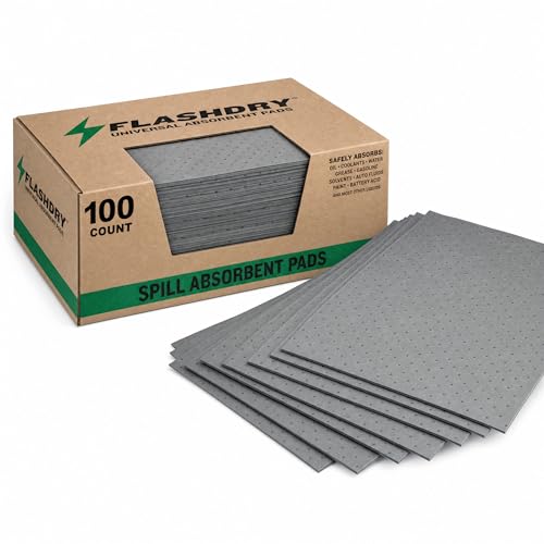 FLASHDRY Universal Spill Absorbent Pads, 17.5" x 13.5", 100-Count | Absorbs Oil, Grease, Coolant & Solvents, for Garages, Warehouses, Factories & Industrial Facilities, Comes in Dispener Box - size: 100 Pads - 2mm