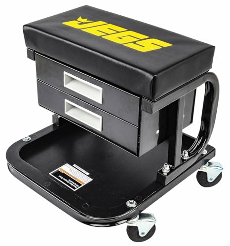 JEGS Mechanic Seat With Drawers and Tool Tray | 300 LBS Capacity | Black Finish with JEGS Logo | Padded Seat | 4 Caster Wheels