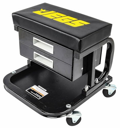 JEGS Mechanic Seat With Drawers and Tool Tray | 300 LBS Capacity | Black Finish with JEGS Logo | Padded Seat | 4 Caster Wheels