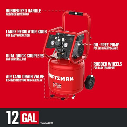 CRAFTSMAN Air Compressor 12 Gallon Ultra Quiet Oil-Free 1.5 HP Max 150 PSI Vertical Tank
