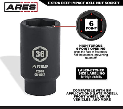 ARES 12040 36MM Axle Nut Socket, 6 Point Socket | Extra Deep 1/2-Inch Drive Impact Socket for Easy Removal of Axle Shaft Nuts - size: 36mm 6-Point