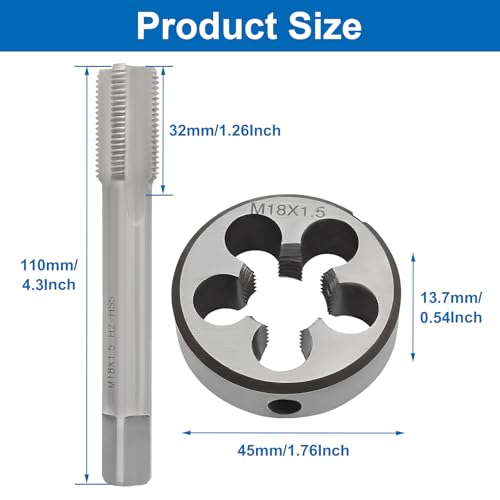 Waziaqoc M18 x 1.5mm Tap and Die Set | Metric, High-Speed Steel, Thread Tap and Die, Various Metals, Right Hand - size: M18 x 1.5mm