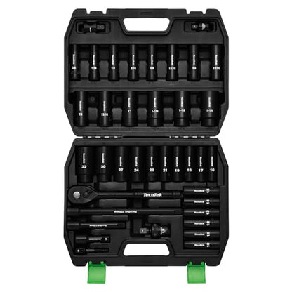 TecoTek 1/2" Drive Deep Impact Socket Set, 38-Piece Socket Set SAE 3/8 to 1-1/4 inch and Metric 10-32mm Size, Includes Extension Bars, Universal Joint, Adapter and Ratchet Handle, 6 Point, Cr-V Steel - size: 1/2" Drive 38pcs Impact Socket Set