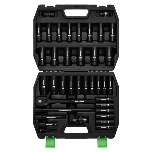 TecoTek 1/2" Drive Deep Impact Socket Set, 38-Piece Socket Set SAE 3/8 to 1-1/4 inch and Metric 10-32mm Size, Includes Extension Bars, Universal Joint, Adapter and Ratchet Handle, 6 Point, Cr-V Steel - size: 1/2" Drive 38pcs Impact Socket Set