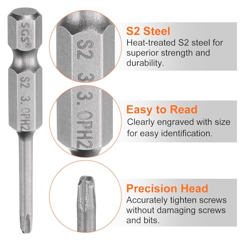 HARFINGTON 5pcs #2 Phillips Screwdriver Bit PH2 1/4" Hex Shank 2" (50mm) Long Magnetic S2 Steel Industrial Grade Screw Driver Bit Cross Head Electric Drill Bits 0.118" (3mm) Rod - size: PH2 x 50mm x 3mm