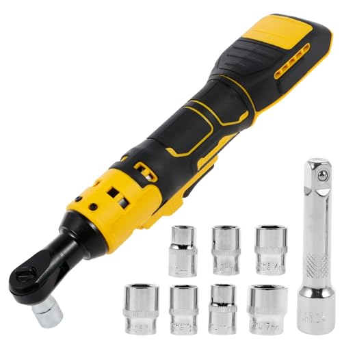 3/8" Electric Cordless Ratchet Right Angle Wrench Impact Power Tool Compatible with 20V DeWalt Battery with 7 Sockets, 3" Extension Bar, 1/4" Adapter(No Battery included)