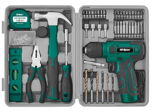 Hi-Spec 8V Cordless Drill and Tool Kit with Essential Hand Tools, Green | Power USB Rechargeable, Home Improvement, faster holes and screwdriving, portable, light-duty project, home setup help - color: Green, size: 47-Piece