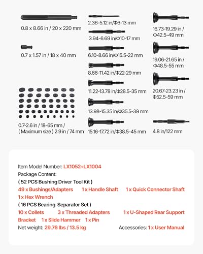 VEVOR 52pcs Custom Bushing Bearing And Seal Driver Set & 16pcs Slide Hammer Puller Set, 2 in 1 Bushing Bearing Driver Press Kit, Heavy Duty Removal Puller Installation Set with 49 Bushings, 10 Collets