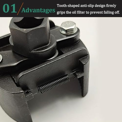Adjustable Car Oil Filter Wrench, 2-3/8 to 3-1/8 Inch (60-80mm) Vehicle Filter Wrench with Non-Slip Serrated Jaws, 1/2'' Drive Cap Style Auto Oil Removal Tool, Universal Fit