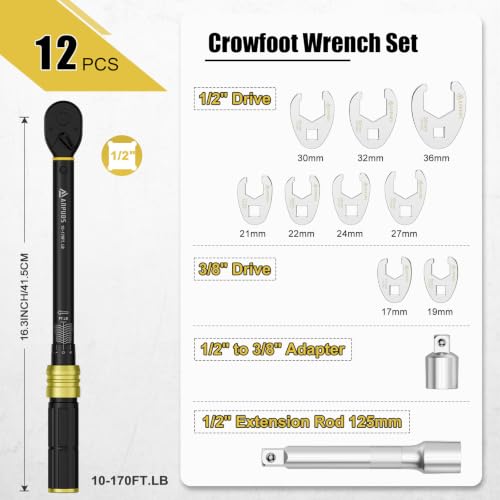 ANPUDS Crowfoot Wrench Set & 1/2" Torque Wrench, 17-36mm Flare Nut Wrench | 6 Point Metric Crows Foot Wrench Set, 10-170 Ft-Lb Click Wrench, Prevents Rounding for Brake, Hydraulic, HVAC & Truck Lines - size: 12pcs Crowfoot Wrench Set