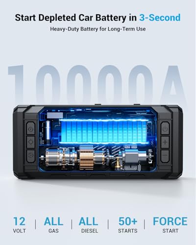 AVAPOW 10000A Jump Starter with Air Compressor, 12V Portable Jump Box | Starts All Gas & All Diesel, Built-in 150PSI Air Compressor, 30W PD Fast Charging, 4" HD Display, EVA Case - color: 10000A