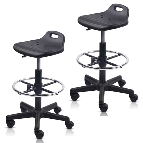 KLASIKA Drafting Rolling Stool Adjustable Height with Foot Rest Breathable Seat Cushion Swivel Stools with Wheels, Multi-Purpose Work Stool for Shop, Task, Salon, Black, 2 Pack - color: Black-backless, size: 2PK
