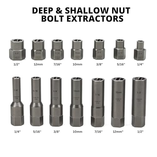 NEIKO 04207A Impact Nut & Bolt Extractor Set, 14 Piece Lug Nut Removal Tool, 3/8 Drive, Deep and Shallow Stripped Bolt Extractor Socket Set, Rounded Bolt Removal tool, Nut Remover Socket Set, CR-Mo - size: 14 Piece, style: Extractor Set