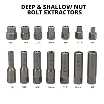 NEIKO 04207A Impact Nut & Bolt Extractor Set, 14 Piece Lug Nut Removal Tool, 3/8 Drive, Deep and Shallow Stripped Bolt Extractor Socket Set, Rounded Bolt Removal tool, Nut Remover Socket Set, CR-Mo - size: 14 Piece, style: Extractor Set