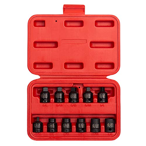 SUNEX TOOLS 3841, 3/8 Inch Drive Pipe Plug Socket Set, 11-Piece, SAE, 7/16" - 5/8", Cr-Mo Steel, Tapered Male Square Drive, Chamfered Female Square Drive, Heavy Duty Storage