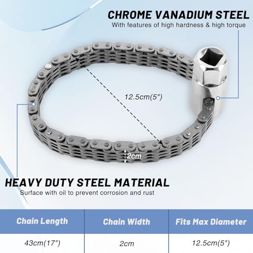 Adjustable Oil Filter Chain Wrench: Fits Max for 5 Inches(125mm) Oil Fuel Filter, Heavy Duty Pipe Wrench Spanner Automotive Repairing Removal Tool