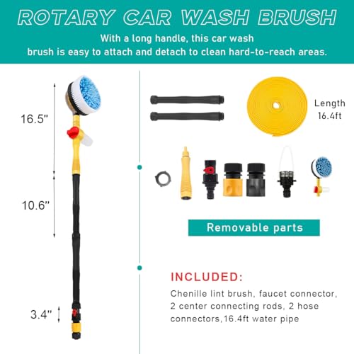 povtii Rotating Car Wash Brush, 360° Spin Auto Cleaning Brush with Long Handle, Detachable Washing Brush with Soft Chenille Bristles Universal for Most Vehicles, Car Accessories (Brush+5m Hose) - color: Brush+5m Hose