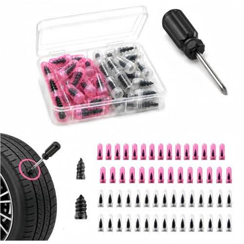 Screw in Tire Plugs Kit, 60PCS Self-Service Flat Tire Repair with Screwdriver, Tire Patch Kit Heavy Duty Professional Quick Tool with Storage Case for Car Truck Motorcycle ATV Tractor