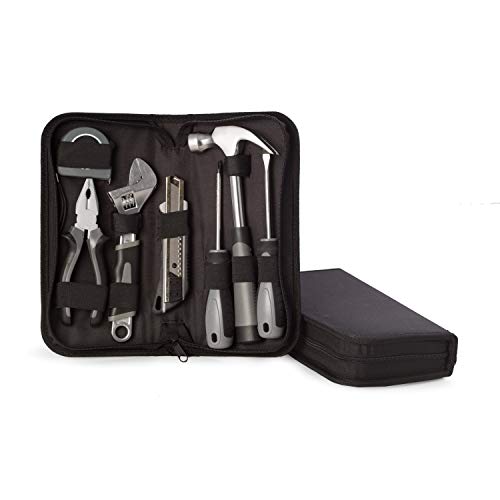 Bey-Berk “Hunter” 8-Piece Tool Set in Zippered Canvas Case (Black), Home, Car & Camping Repair Kit with Hammer, Pliers, Screwdrivers, Adjustable Wrench & Tape Measure