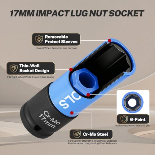 BILITOOLS 17mm Lug Nut Socket, 1/2" Drive Thin Wall Impact Socket | Non-Marring Sleeve, 6-Point Cr-Mo Wheel Socket for Tire Changes, Rims and Auto Repair - size: 17MM