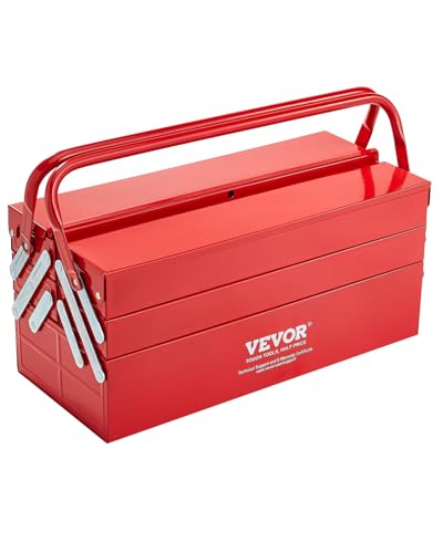 VEVOR Metal Tool Box, 18-inch, 3-Tier 5-Tray Portable Folding Tool Chest Organizer with Handle & Lock Hole, Powder Coated Steel, Cantilever Toolbox for Household Factory Warehouse Repair Shop, Red - style: 3 Tier-5 Tray