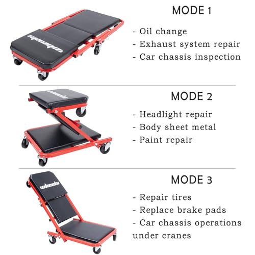 Mechanic Creeper 36-inch 3-in-1 Mode Z Seat 340lbs Capacity, Foldable Garage Adjustable Rolling Folding with 6pcs Wheels Roller, Lay Down Sit Lean Back, Under Car Auto Repair (Red Frame) - color: Red