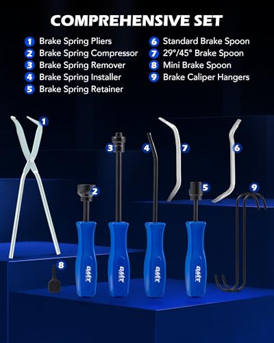 OMT 10-Piece Drum Brake Tool Set with Spring Pliers and Spoons | AISI 1045 Steel, Black Oxide & Chrome, Pliers Compressor Remover Installer, 3 Spoons, 2 Caliper Hangers, Case, Heavy-Duty - color: Black