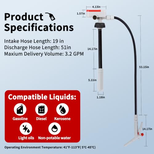 Fuel Transfer Pump (3.2GPM), 51" Hose Automatic Gas Pump Transfer with 4 Gas Can Fittings, USB and Battery Powered Portable Siphon Pump for Oil, Gasoline, Diesel (Hand-Trigger Nozzle w/Rubber Hose) - style: Hand-Trigger Nozzle w/ Rubber Hose