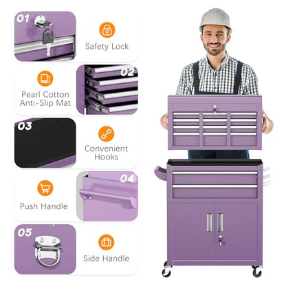 INTERGREAT Tool Chest, Assembled 8-Drawers Rolling Tool Chest with Wheels, Detachable Top Tool Box, Tool Cabinet for Repair Room,Warehouse, Rolling Tool Box with Hooks,Tray Divider,Liners(Purple) - color: Purple, size: 8 Drawers