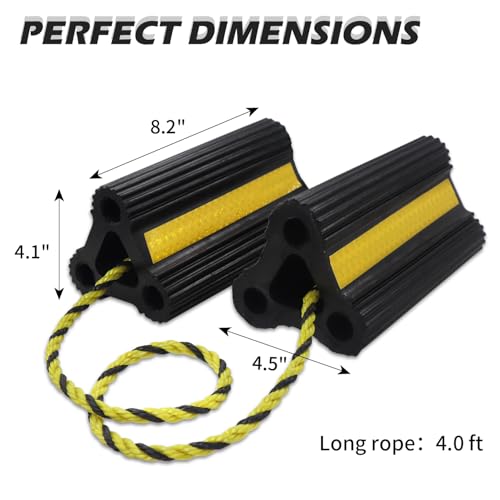 Vacallity Rubber Wheel Chocks 4 Pair (8 Pack) for Travel Trailers Camper RV Truck Car, Sturdiness Heavy Duty Simple Easy to use,Tires Block Stopper Chock with Nylon Rope Yellow Reflective Tape - size: 8.2" 4pair