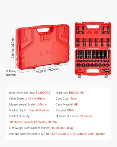 VEVOR 39-Piece Impact Socket Set 1/2" Drive, Metric (9 to 30 mm) Size, Deep & Shallow, 6-Point, CR-V, Universal Joint, Heavy Duty Carrying Case - style: 1/2" 39 PCS