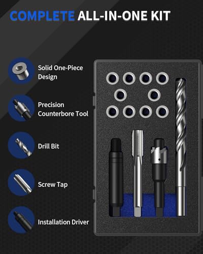 M10x1.5 Metric Thread Repair Kit, with HSS Drill, HSS Tap, Counterbore, Installation Driver, M10x1.5MM 10 pcs 304 Stainless Steel Inserts (14mm Length)