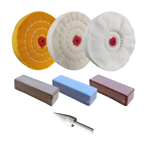 7pc 4" Buffing Polishing Wheel Kit for Drill, for Polishing Soft Metals | Includes 3pc 4" cotton buffing wheel, 3pc 100g bar compound, 1pc drill mandrel. For polishing