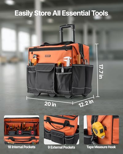 VEVOR 20" Rolling Tool Bag, 110 lbs Load Capacity, 27 Pockets Heavy Duty Roller Tool Bag on Wheels, Adjustable Telescoping Handle & Stable Base, Toolbag Organizers w/Wheels for Construction, Mechanic - size: 20 in