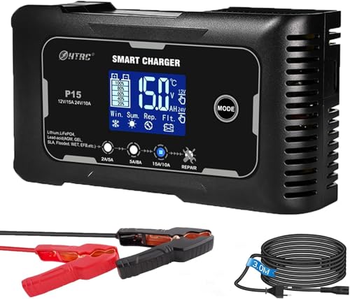Battery Charger, Smart 0-15A 12V/24V Trickle Charger, Portable Car Battery Charger with 9 Stages of Charging for LiFePO4, Lead Acid, and Lithium Batteries, with Battery Repair Function - color: 0-15A 12/24v