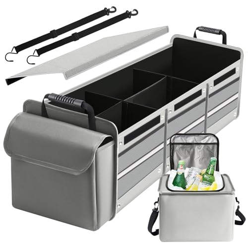 Snuopfy Car Trunk Organizer,115L Heavy Duty Collapsible Trunk Storage, with Insulated Leakproof Cooler Bag Vehicle Cargo Organizer with Lid, 3 Compartments, Straps For Car,Suv,Jeep,Sedan-Grey - color: Gray 115L