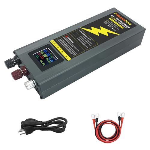 50A 12V Lithium Battery Charger, 0-15V 0-50A Adjustable LiFePO4 Battery Charger with 10 AWG Cables, Smart 12 Volt Battery Charger with LCD Display for LiFePO4, Li-ion, Lipo & Lead-Acid