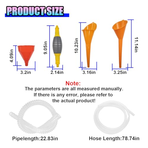 3PCS Automotive Funnels Set, Wide Mouth Plastic Fuel Funnel with Long Neck, Flexible Right Angle Funnel with Detachable Spout, Filter, Hand Siphon Pump, for Gasoline/Coolant/Engine Oil (Orange)