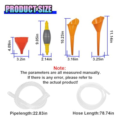 3PCS Automotive Funnels Set, Wide Mouth Plastic Fuel Funnel with Long Neck, Flexible Right Angle Funnel with Detachable Spout, Filter, Hand Siphon Pump, for Gasoline/Coolant/Engine Oil (Orange)