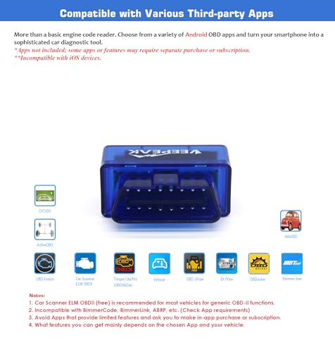 Veepeak Mini Bluetooth OBD2 Scanner Code Reader for Android (NOT for iOS) | Incompatible with iPhone or iPad. Check engine light diagnostics & live data for Android. Supports Torque & Car Scanner App.