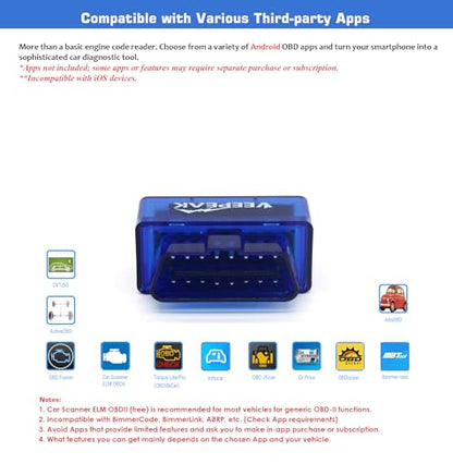 Veepeak Mini Bluetooth OBD2 Scanner Code Reader for Android (NOT for iOS) | Incompatible with iPhone or iPad. Check engine light diagnostics & live data for Android. Supports Torque & Car Scanner App.