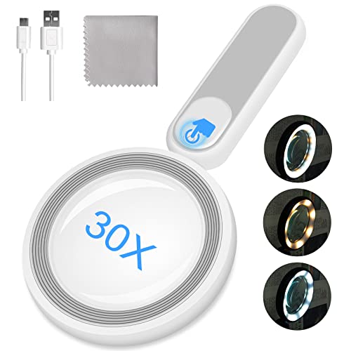 Rechargeable Magnifying Glass with Light, 30X 4.7IN Handheld Large Lightweight Lighted Magnify Len 21 LED 3 Modes Illuminated Book Magnifier for Senior,Reading,Inspection,Coin,JewelryChristmasGift - color: Grey+white