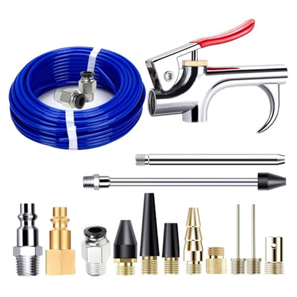 Air Compressor Blow Gun Kit and Tubing 17 Pcs, 1/4" NPT Quick Connect Fittings, Variety of Air Nozzles, 30' of 1/4" OD Hose and Connection Fittings