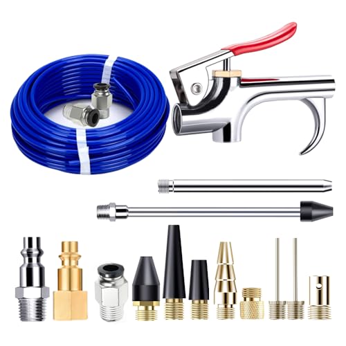 Air Compressor Blow Gun Kit and Tubing 17 Pcs, 1/4" NPT Quick Connect Fittings, Variety of Air Nozzles, 30' of 1/4" OD Hose and Connection Fittings