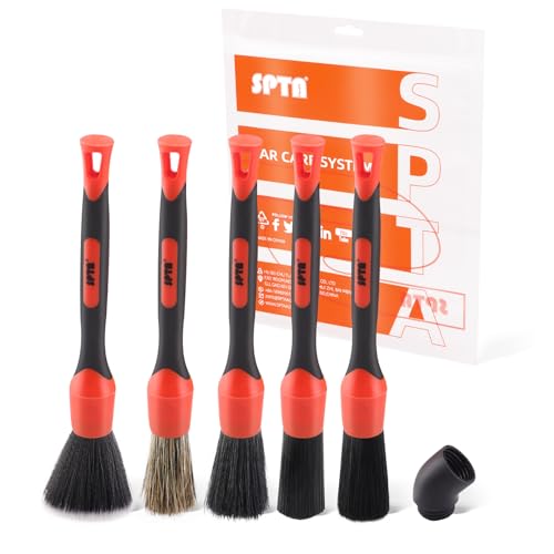 SPTA Car Detailing Brush Set, 5 Pack Soft Boar Hair Auto Detail Brush Kit with Elbow for Automotive Elegant Surface Interior Exterior Dashboard Emblems Panels Engine Bay Wheels Air Vent Seat Leather - color: 5pcs Car Detailing Brush Set With Elbow