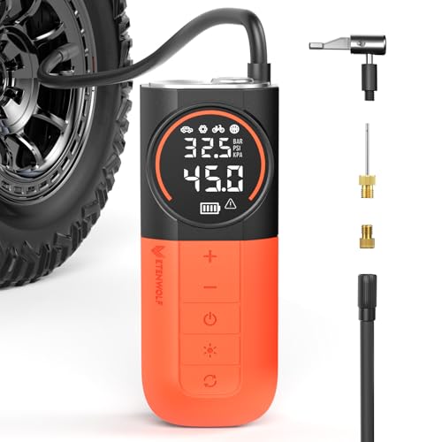 ETENWOLF S1 Tire Inflator Portable Air Compressor, 160PSI Air Pump for Car Tires, Bike, Motorcycle, Balls, Fast Inflation Tire Pump, Cordless bike Pump with LED Light & Digital Pressure Gauge (Orange) - color: Vivid Orange
